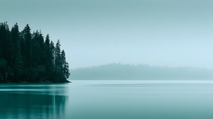 Serene Turquoise Lake with Pine Forest at Misty Dawn © Tharshan