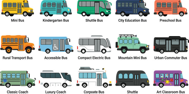 Mini bus vector collection featuring diverse public transit vehicles and specialized city shuttles with text labels for urban transport infographics and logistics marketing