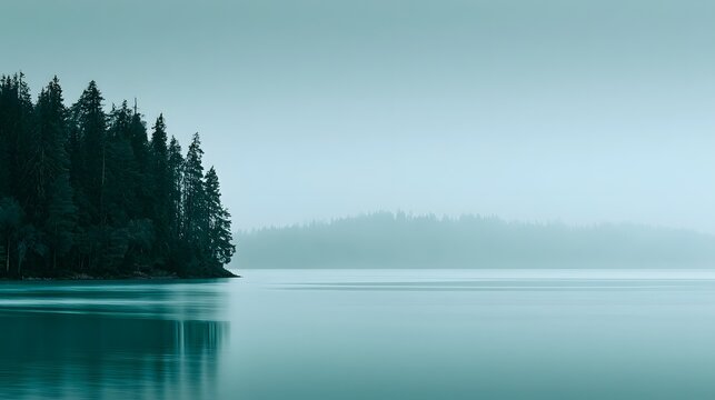 Serene Turquoise Lake with Pine Forest at Misty Dawn