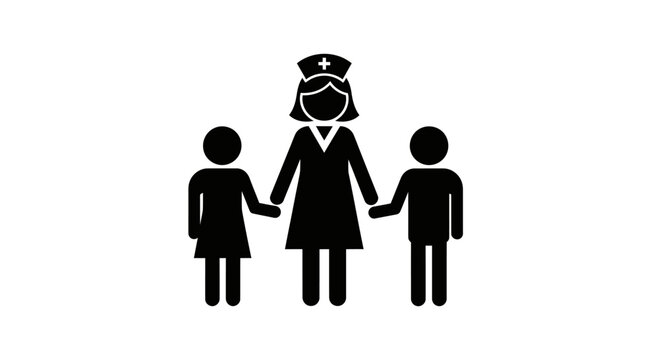 Black and white icon of a nurse standing with two children holding hands.