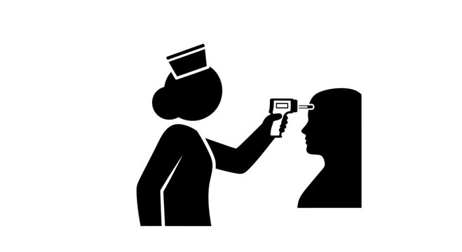 Black silhouette icon of a nurse checking a patient temperature with an infrared thermometer.