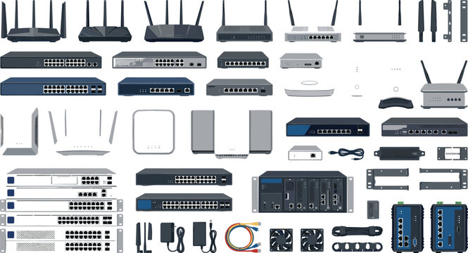 Network routers and network switches vector illustration equipment collection for data center IT infrastructure infographics and cloud server hardware engineering diagrams