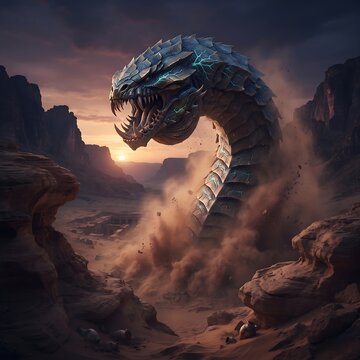 Giant desert sandworm monster emerging from canyon at sunset