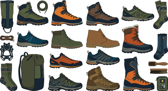 Outdoor hiking boots and trail running shoes vector illustration collection featuring winter gaiters socks backpack and crampons for retail e-commerce catalog infographics