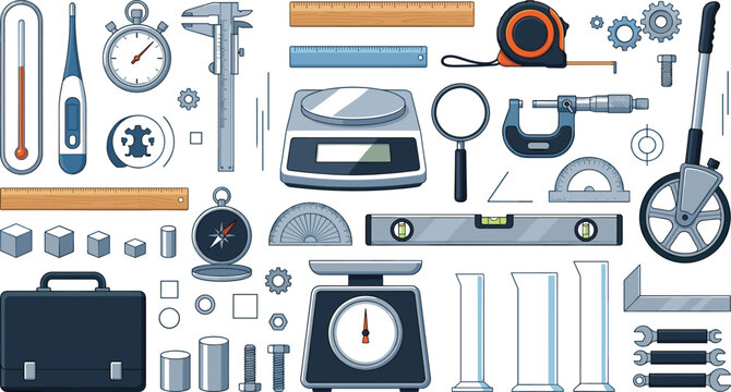 Precision physics measurement instruments vector illustration set featuring scales calipers tape measure and thermometers for engineering education and industrial calibration templates