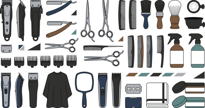 Professional barber shop tools and equipment illustration set featuring clippers scissors straight razors and pomade for male grooming parlor branding