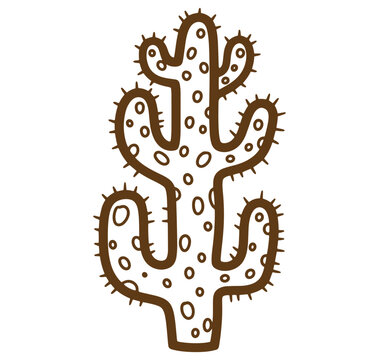 Brown outline illustration of a desert cactus plant isolated on white background