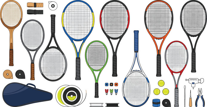Professional tennis rackets vector equipment collection with strings tennis balls bag and restringing tools for sports retail catalogs and training club tournament banners