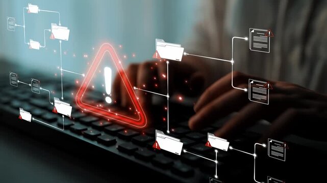 Digital Threat Alert with Warning Symbol and Hands Typing on Keyboard in Modern Workspace Setting Highlighting Cybersecurity Concerns and Data Protection Sigmoid