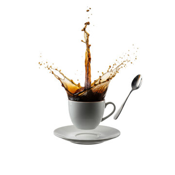 Hyper-realistic high-speed shot of a white ceramic coffee cup, saucer, and spoon suspended mid-air with an explosive black coffee splash and steam trails erupting vertically on a transparent