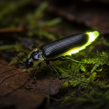 Glowing Firefly Larva on Forest Floor Moss.
