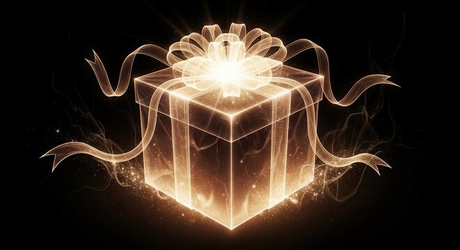 Glowing Golden Gift Box with Ribbon and Light Effects.
