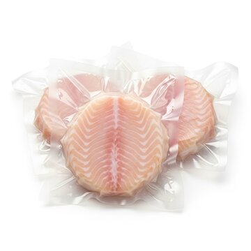 Fresh raw fish fillets in clear plastic packaging.