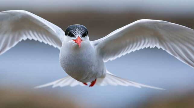 Soft-focus arctic tern portrait gliding forward with wings outstretched in coastal light