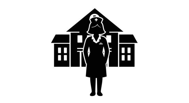 Black and white silhouette icon of a nurse standing in front of a hospital building.