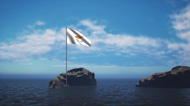 Cyprus Flag Standing In The Middle Of The Ocean Near A Rock