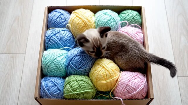 Adorable kitten sleeping in a box of colorful yarn balls, cozy and cute pet footage
