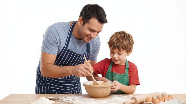 A father and son happily baking together, mixing ingredients in a bowl. The son wears a green apron and the father a striped apron.