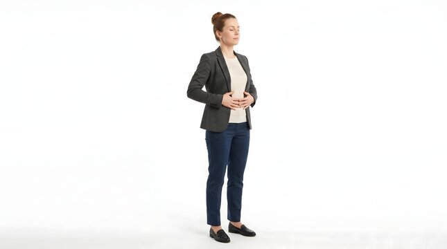 A professional woman in a dark blazer and jeans, standing with her hands clasped in front of her