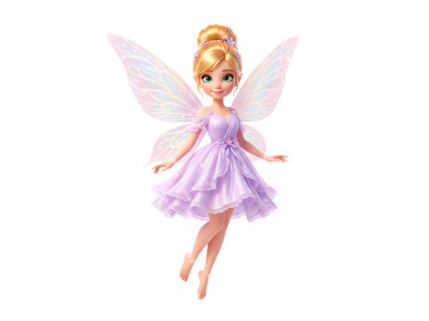 Cute 3d cartoon fairy character with wings in a purple dress