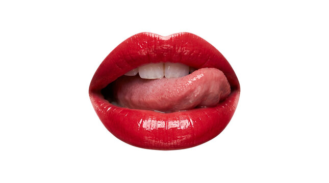 Seductive glossy red lips with woman licking teeth close up