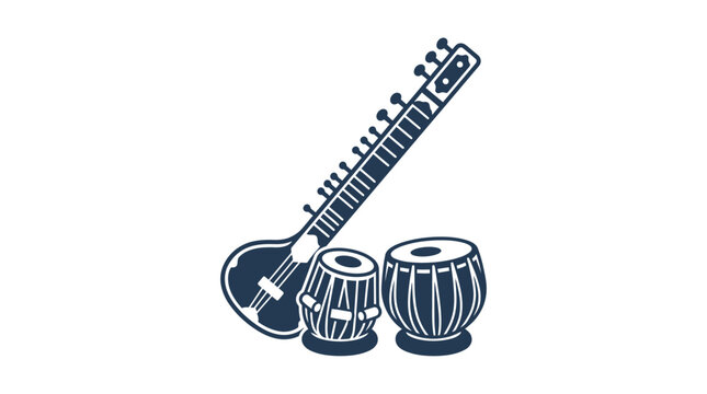 Illustration of traditional Indian musical instruments including a sitar and tabla drums.