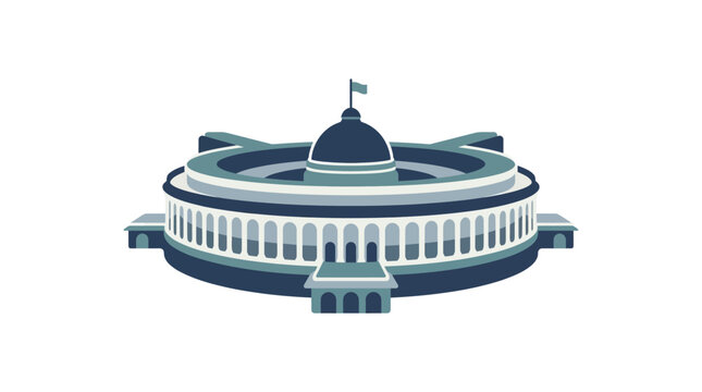 A stylized flat vector illustration of the Parliament House of India building.