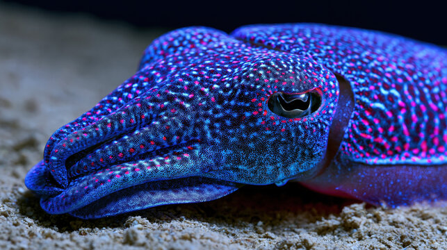 Electric blue cuttlefish with glowing chromatophore spots in vivid macro underwater photo
