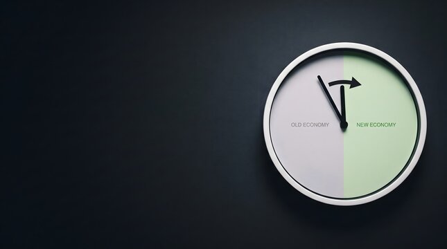 Round clock face divided into grey old economy and green new economy zones with hands at 11:58 and transition arrow on dark charcoal surface, ESG just transition sustainable economy shift corporate 