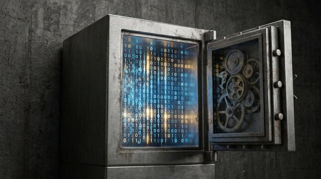 Open security safe with digital database inside on solid background, finance and cybersecurity concept featuring encryption, asset protection and secure information storage