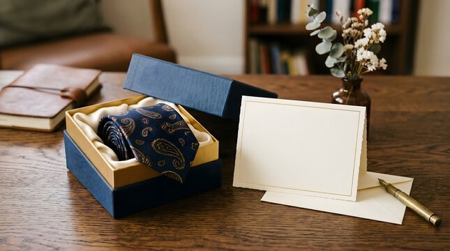 A beautifully packaged tie and a blank greeting card sit on a wooden desk, ready for a special message