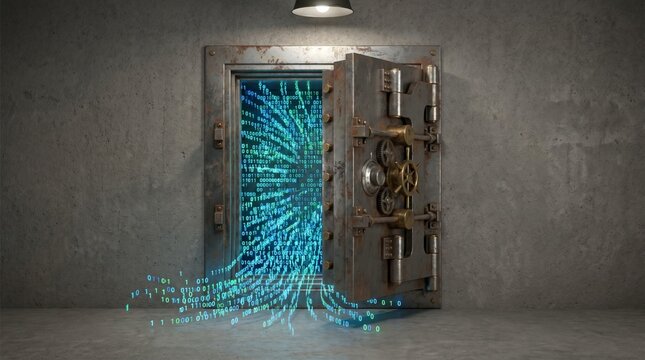 3D metallic bank vault with glowing digital data, cybersecurity and secure storage concept featuring encryption, financial protection and confidential information access