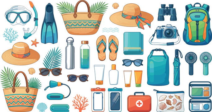 Summer beach vacation travel accessories vector illustration collection with tote bags sun hats sunglasses camera and snorkeling gear for tropical tourism marketing banners