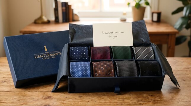 A luxurious gift box filled with an assortment of stylish ties, arranged neatly on a wooden table. The box is open, revealing the collection of ties in various patterns and colors.