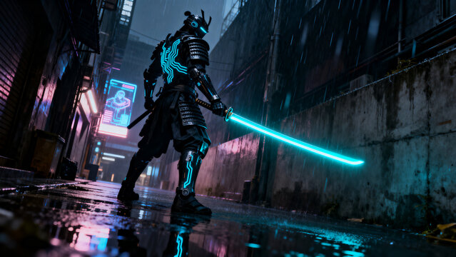 A futuristic cyber-samurai standing in a rainy, dark alleyway, holding a glowing neon katana, dark cinematic lighting