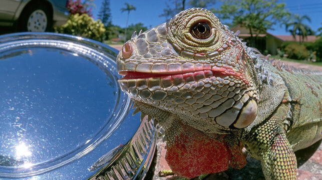 Iguana Reflected and Distorted in Chrome Hubcap with Vivid Blue Sky Background