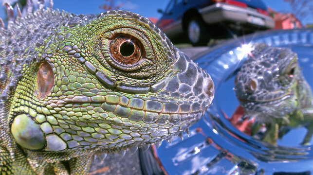 Emerald Iguana Eye Close-Up with Jewel-Toned Scales and Chrome Reflection