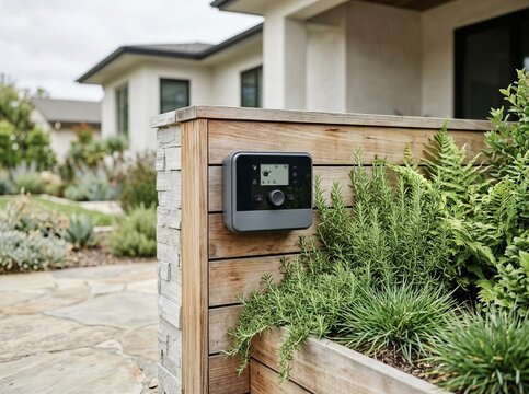Modern Smart Irrigation Controller Installed on Garden Wall