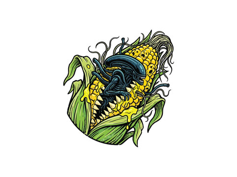 Monstrous Corn Cob With Alien Chestburster Emerging From Kernels And Green Husks In A Horror Themed Design Vector Illustration