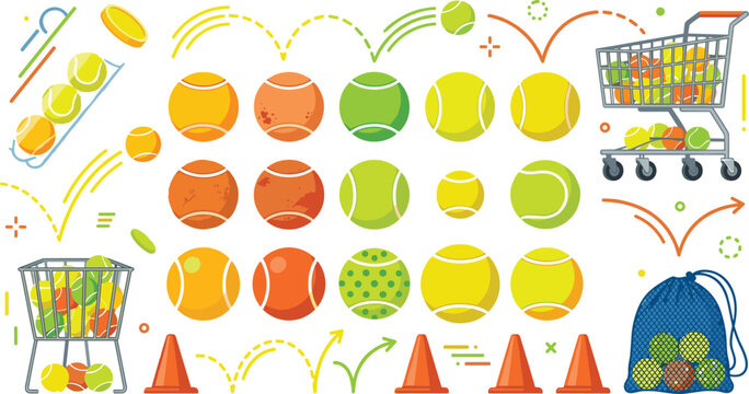 Tennis balls vector illustration equipment set with shopping cart hopper basket training cones and mesh storage bags for tennis court coaching clinics