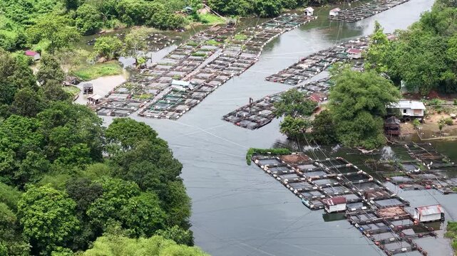 Aerial view of fish ponds in the Riam Kanan reservoir waters area