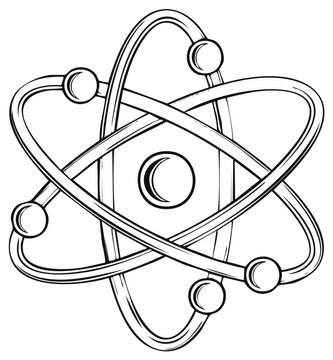 Stylized atomic structure illustration with orbiting electrons and nucleus in a hand drawn sketch style