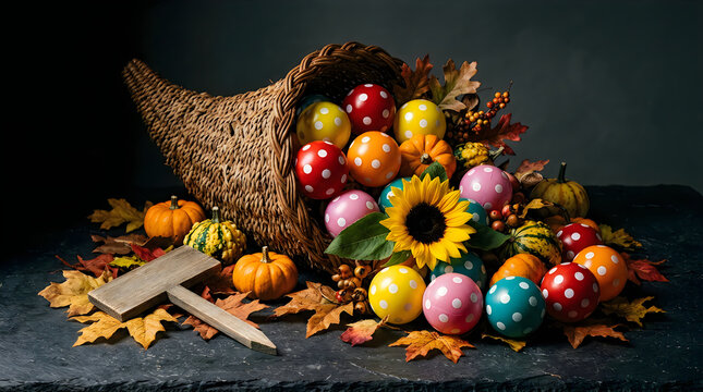 Autumn harvest cornucopia with colorful polka dot orbs and pumpkins