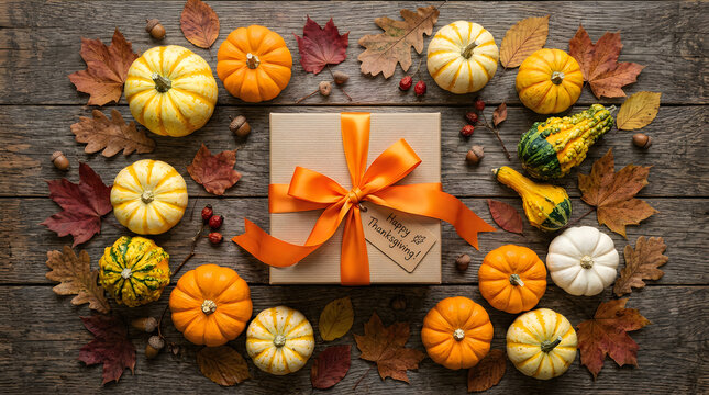 Thanksgiving gift box with pumpkins and leaves