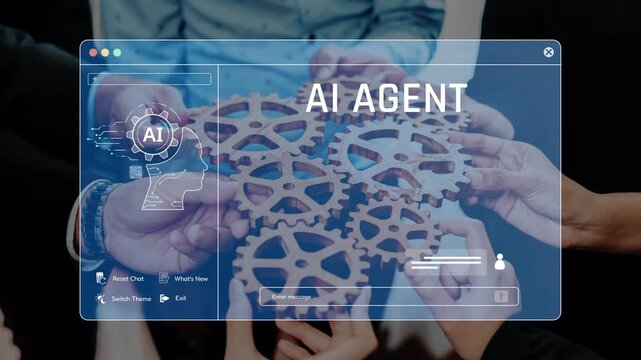 This image features hands collaboratively working on an innovative AI agent project, symbolized by gears and an interactive interface, showcasing teamwork in technology development. Raster