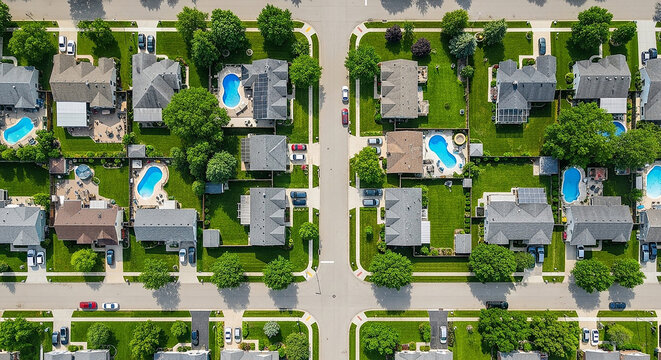 Aerial view of a suburban neighborhood with houses and blue swimming pools in yards