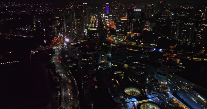 Mexico City Aerial v63 birds eye view drone flyover santa fe along federal highway capturing illuminated busy traffic trails and futuristic cityscape at night - Shot with Mavic 3 Cine - January 2022
