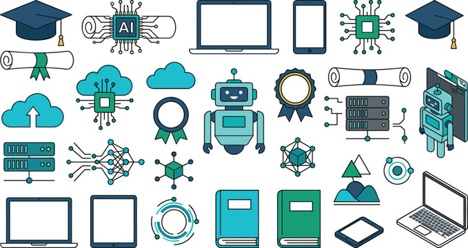 Vector illustration flat icon set of artificial intelligence robots microchips graduation caps and computers for tech education and machine learning platforms