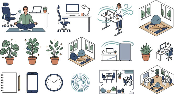 Vector illustration flat icon set of ergonomic office desks potted plants floor plans and people meditating for corporate workplace wellness and interior layout design