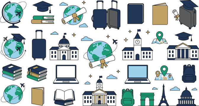 Vector illustration flat icon set of study abroad concepts globe graduation caps luggage and university buildings for global education programs and student travel agencies